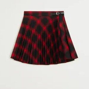 Mango Red Plaid Pleated Belt Skirt in Grunge